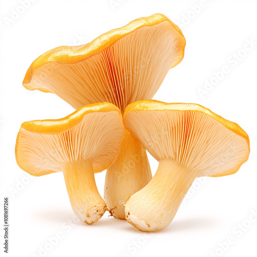 Discover the beauty of golden chanterelle mushrooms found in the forest showcasing their vibrant color and unique texture on white background