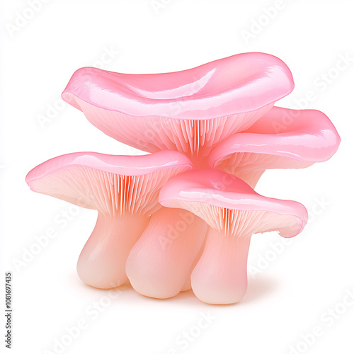 Discover the beauty of vibrant pink mushrooms growing naturally in a serene forest setting on white background photo