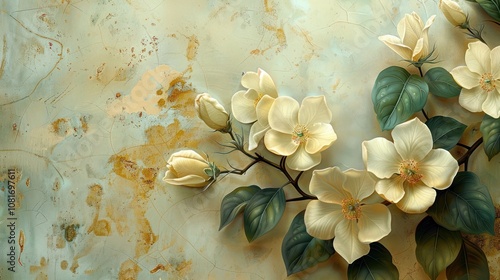 A retro jasmine flower pattern with faded gold and pastel shades, showcasing the flowers and leaves in an art nouveau style, perfect for a sophisticated, vintage aesthetic. photo