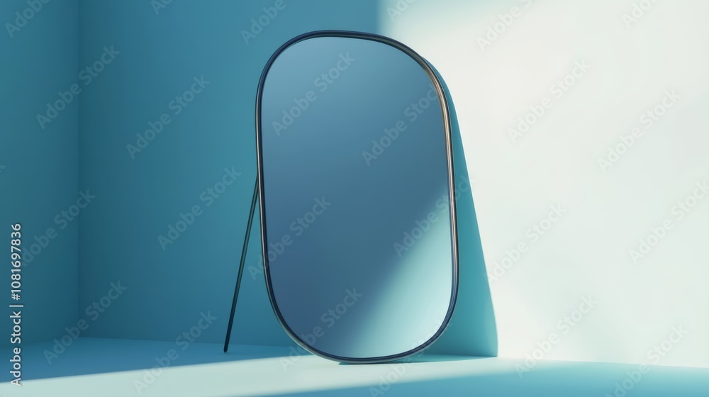 Obraz premium A full-length oval mirror with a wooden frame stands in a light blue room with a large, bright window casting sunlight across the floor.
