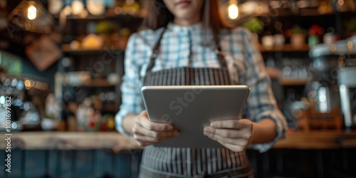 Close up of a waitress using a digital tablet while standing in a bar or restaurant.