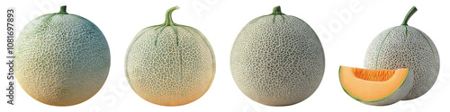 Cantaloupe fruit isolated on transparent background, set of