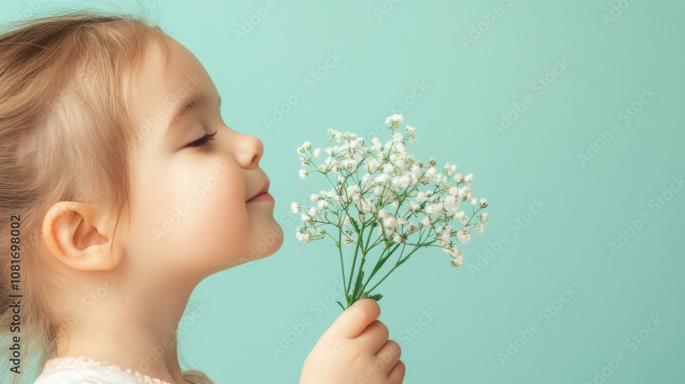 Portrait of a young caucasian girl smelling some beautiful flowers isolated on a green background with copy space Portrait of a young caucasian girl smelling some beautiful flowers isolated on a green background with copy space