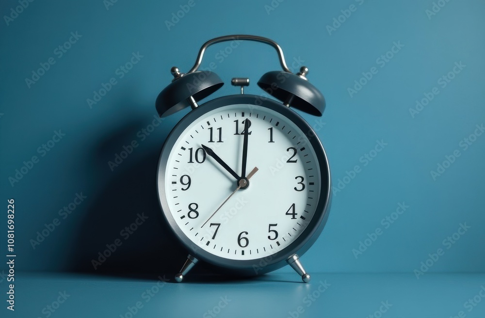 Classic black alarm clock against a solid blue background, symbolizing the struggle to wake up and face the day, capturing the mood of Blue Monday Classic black alarm clock against a solid blue background, symbolizing the struggle to wake up and face the day, capturing the mood of Blue Monday