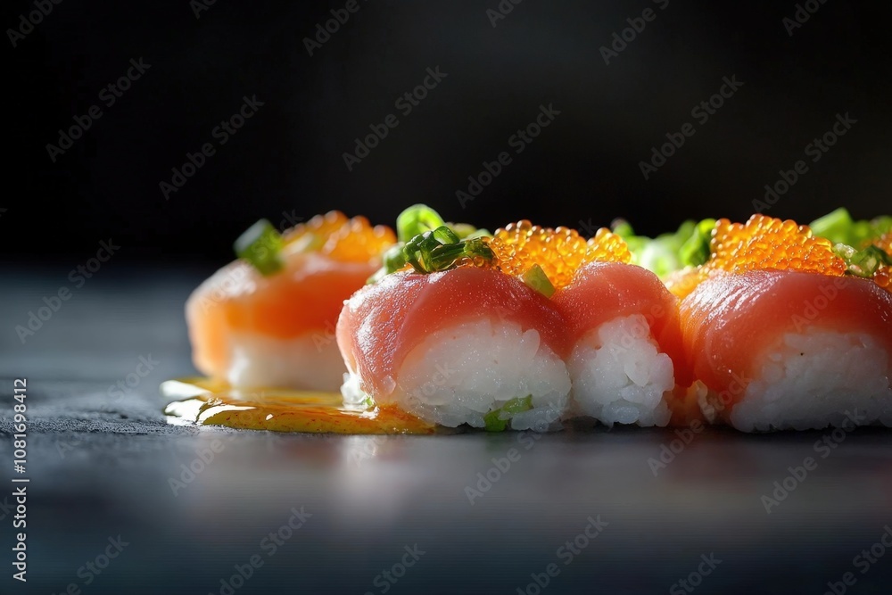 Delicious sushi rolls garnished with fresh ingredients. Delicious sushi rolls garnished with fresh ingredients.