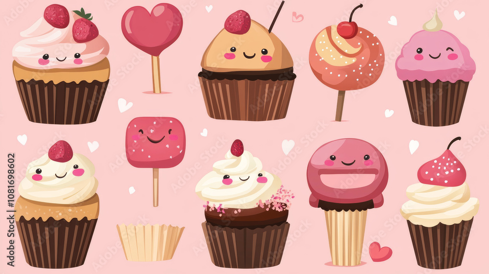 A collection of cute cartoon desserts, like cupcakes, lollipops, cakes, and ice cream.They have funny faces with pink cheeks and winking eyes. This set is perfect for kids' illustrations or wallpaper. A collection of cute cartoon desserts, like cupcakes, lollipops, cakes, and ice cream.They have funny faces with pink cheeks and winking eyes. This set is perfect for kids' illustrations or wallpaper.