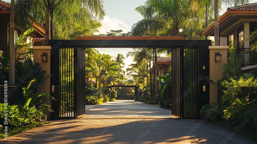 An automatic gate. Elegant and modern with semi-open doors in a Costa Rican condominium with midday lighting on a sunny day An automatic gate. Elegant and modern with semi-open doors in a Costa Rican condominium with midday lighting on a sunny day