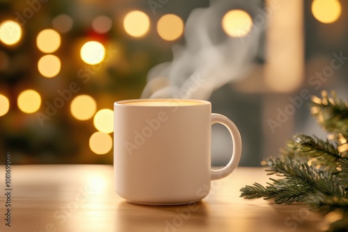 A warm cup of coffee surrounded by festive lights, perfect for cozy moments.