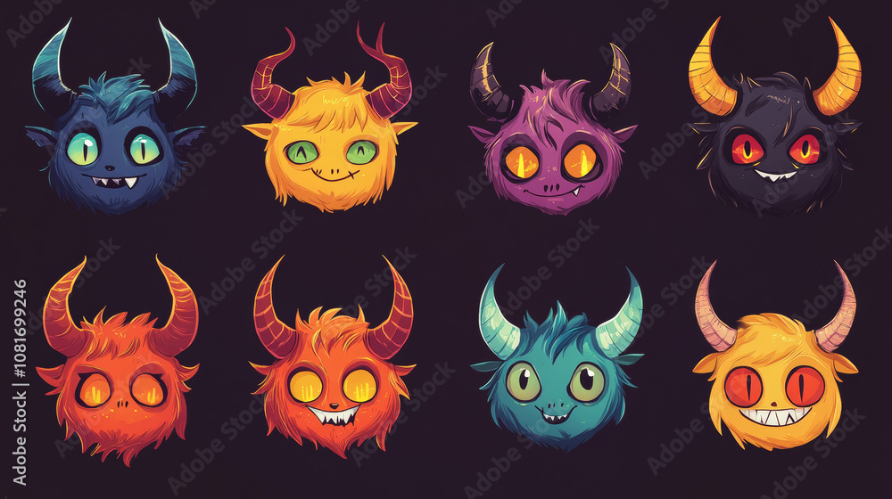 A set of cute, colorful cartoon devils with horns and winking eyes. Perfect for kids' illustrations, wallpapers, or Halloween decorations. A set of cute, colorful cartoon devils with horns and winking eyes. Perfect for kids' illustrations, wallpapers, or Halloween decorations.