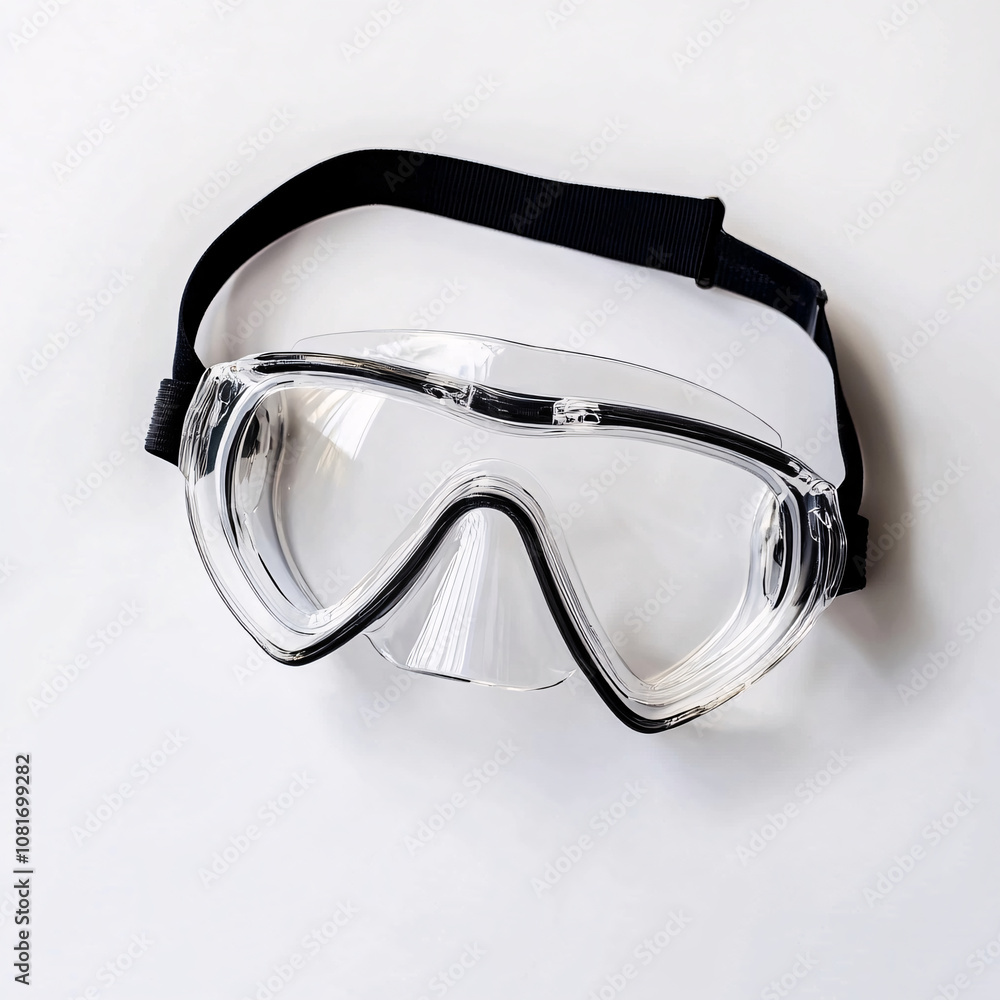 Black plastic diving and scuba mask isolated on white background, Dive Mask on a white background, Clear protective safety goggles on a light background. Black plastic diving and scuba mask isolated on white background, Dive Mask on a white background, Clear protective safety goggles on a light background.