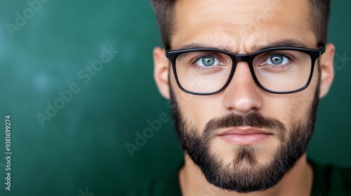 Young man with glasses and a beard poses thoughtfully against a green backdrop while displaying an intense expression