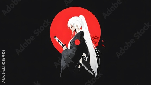 Anime girl in black kimono with long white hair holding a katana against a red circle background.