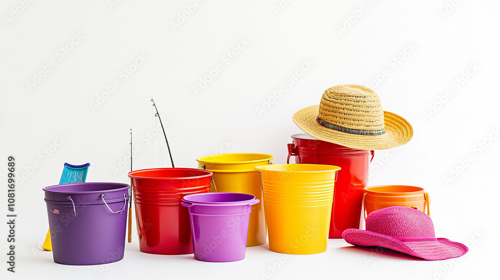 A collection of colorful buckets in red, violet, yellow, and orange, along with a fishing hat, are arranged against a white background. This mockup template can be used for artwork and graphic design. A collection of colorful buckets in red, violet, yellow, and orange, along with a fishing hat, are arranged against a white background. This mockup template can be used for artwork and graphic design.