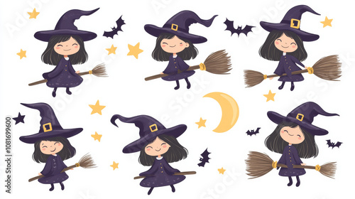 Wallpaper Mural A collection of cute cartoon witches with pointy hats, riding broomsticks and winking.  These adorable witches are perfect for Halloween decorations or children's illustrations. Torontodigital.ca