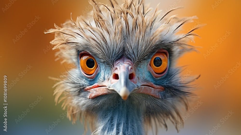 Close-up portrait of an ostrich with its head tilted forward, looking directly at the camera with a serious expression. Its large, bright orange eyes are prominent. Close-up portrait of an ostrich with its head tilted forward, looking directly at the camera with a serious expression. Its large, bright orange eyes are prominent.