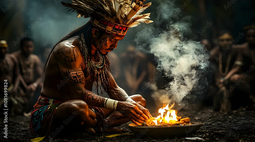 Indigenous Person Tending Sacred Fire, Ritualistic Ceremony in Dark Forest Setting Indigenous Person Tending Sacred Fire, Ritualistic Ceremony in Dark Forest Setting