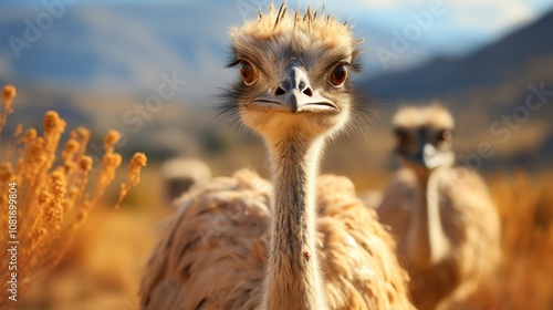 A close-up portrait of an ostrich with its head tilted looking directly at the camera.  A second ostrich can be seen in the background. photo