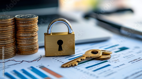 financial portfolio with padlock and keys symbolizes security and protection of assets. image conveys importance of safeguarding investments and financial data