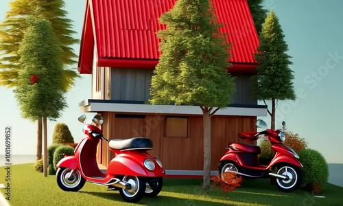 Beautiful red color cottage house with scotty