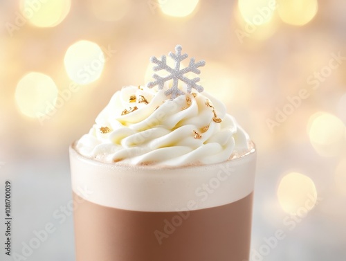 A festive hot beverage topped with whipped cream and a decorative snowflake.