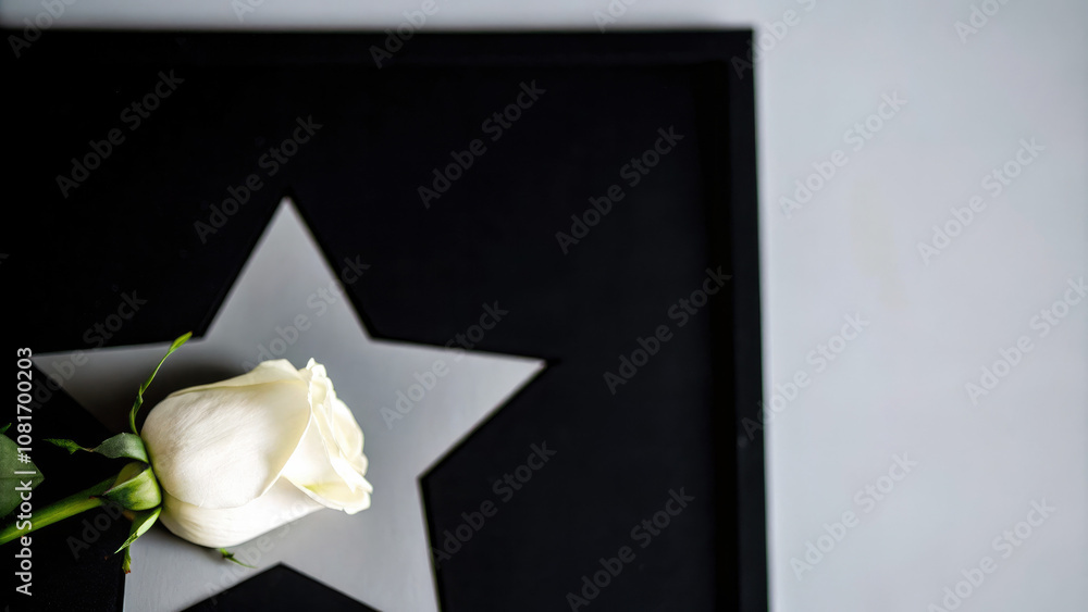 Close-up of a single white rose on a black background, symbolizing mourning and remembrance, slightly wilted to emphasize the somber theme. Close-up of a single white rose on a black background, symbolizing mourning and remembrance, slightly wilted to emphasize the somber theme.