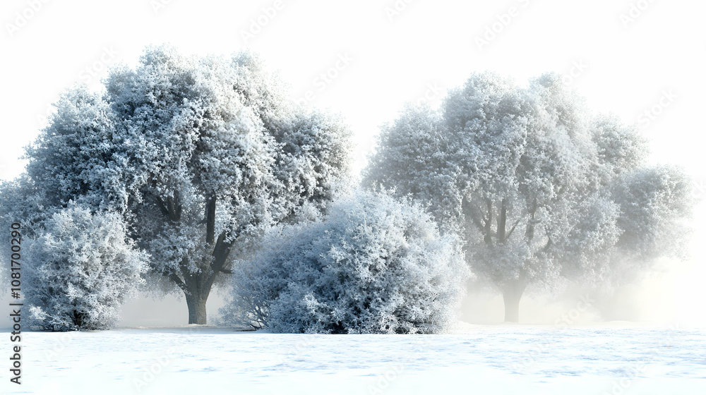 Winter Landscape: Frosty Trees in a Misty, Snowy Field Winter Landscape: Frosty Trees in a Misty, Snowy Field