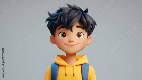 3D Render of a Smiling Cartoon Boy with Backpack, Wearing a Yellow Hoodie; A cheerful, friendly illustration.