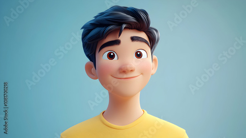 3D Render of a Smiling Cartoon Boy with Dark Hair Wearing a Yellow Shirt Against a Light Blue Background