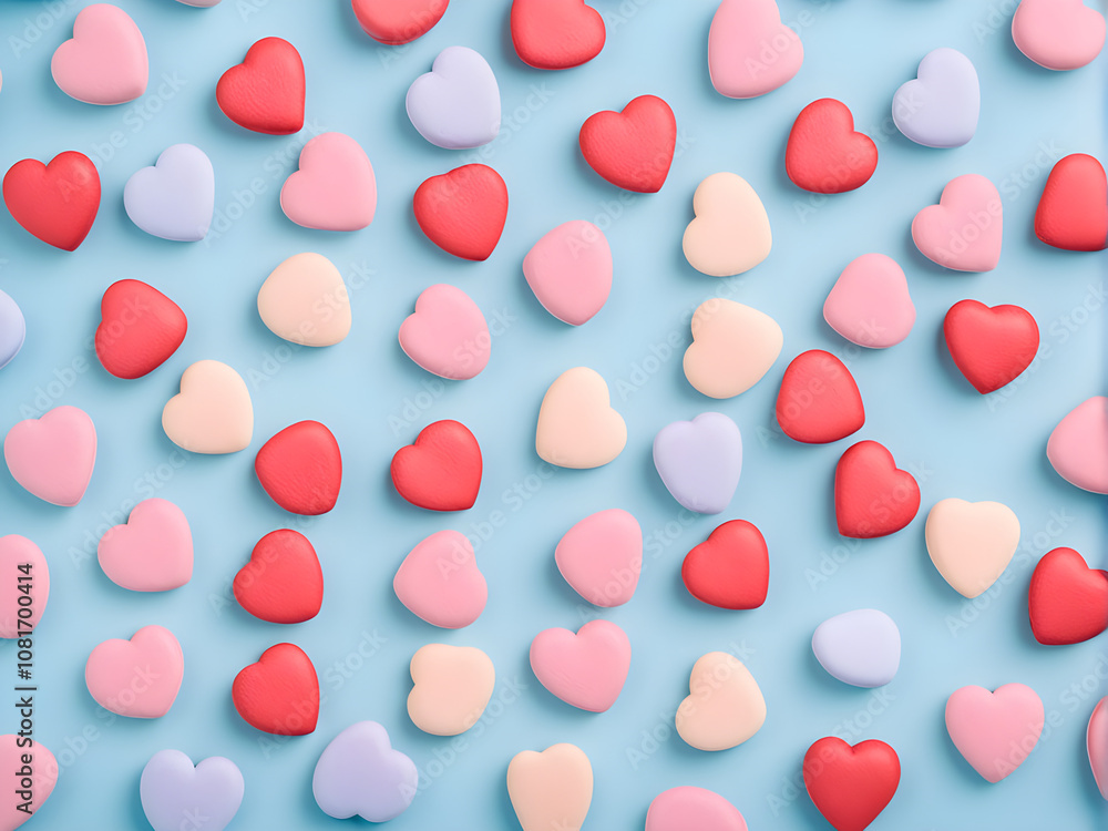Valentine's Day background. Composition with candy hearts on pastel blue background. Valentines Day greating card. Flat lay, top view. Valentine's Day background. Composition with candy hearts on pastel blue background. Valentines Day greating card. Flat lay, top view.