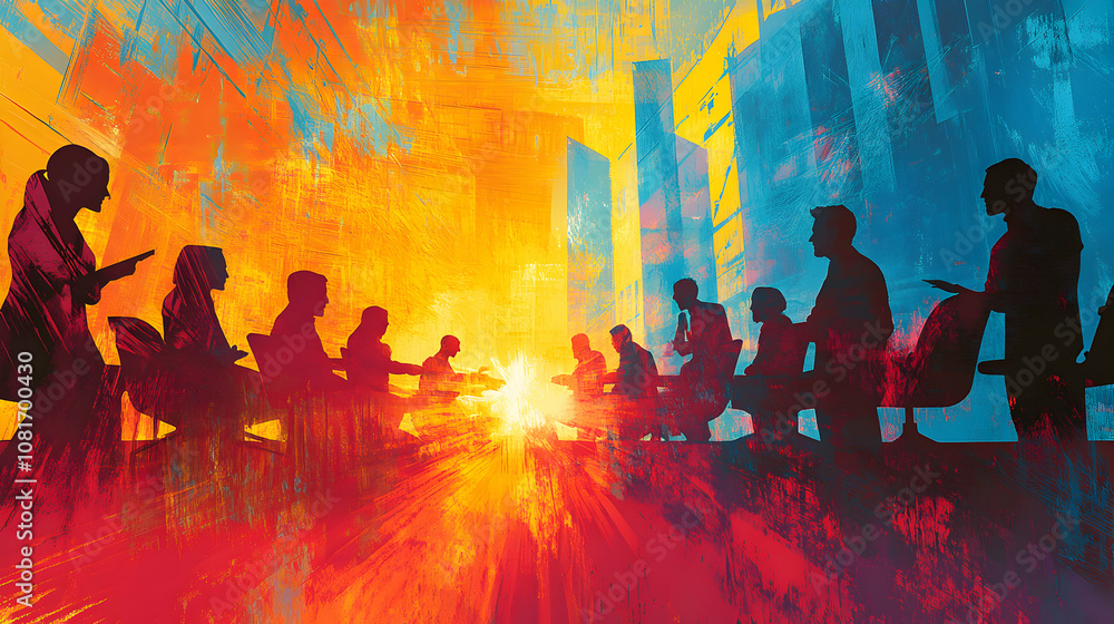 Silhouetted Figures Convene in Abstract Urban Setting, Illustrating a Vibrant Business Meeting with Energetic Atmosphere. Silhouetted Figures Convene in Abstract Urban Setting, Illustrating a Vibrant Business Meeting with Energetic Atmosphere.