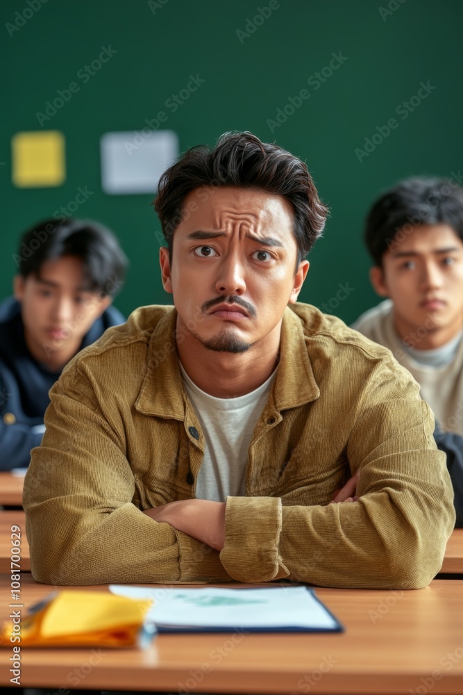 Fototapeta premium Student frustration in a classroom during a tense moment of learning in a modern educational setting