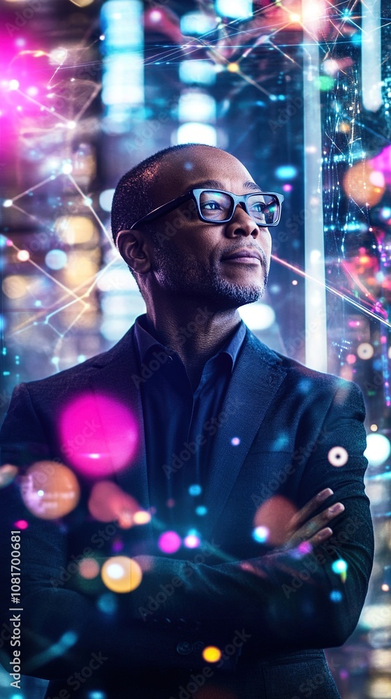 Confident Black CEO Standing in a Futuristic Cyberpunk Office, Gazing Out the Window with Determination: An Abstract Marketing Background Symbolizing Leadership and Transformation, Enhanced with Desig Confident Black CEO Standing in a Futuristic Cyberpunk Office, Gazing Out the Window with Determination: An Abstract Marketing Background Symbolizing Leadership and Transformation, Enhanced with Desig