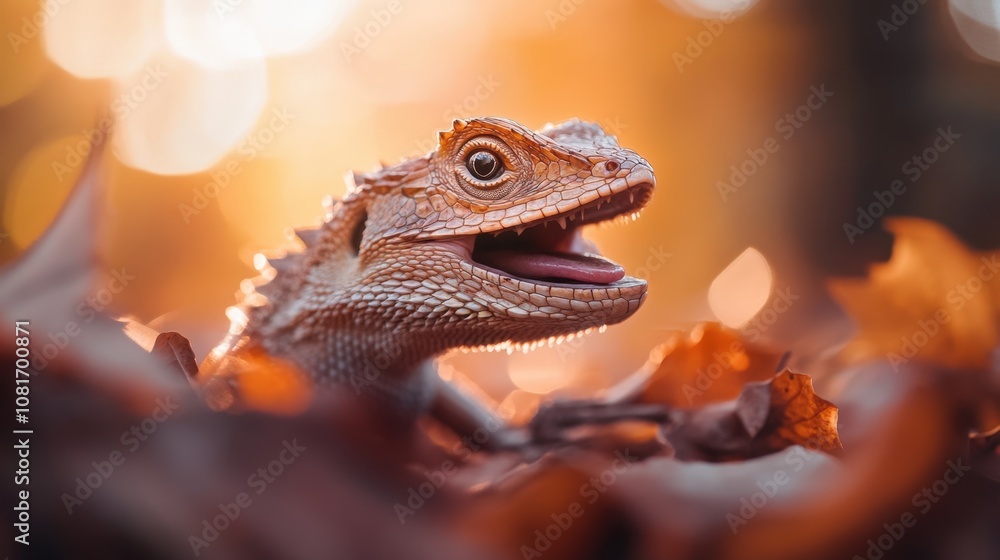 A close-up of a lizard basking in the warm autumn sunlight. A close-up of a lizard basking in the warm autumn sunlight.