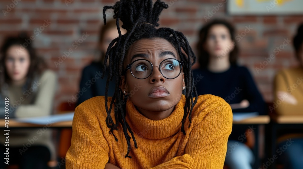 A student in a bright sweater looks pensively at a lecture in a classroom filled with peers during a morning class A student in a bright sweater looks pensively at a lecture in a classroom filled with peers during a morning class