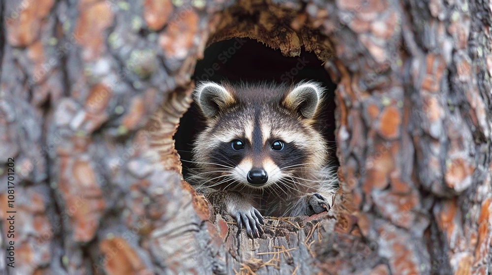A curious raccoon peeks out from a hole in a tree trunk. A curious raccoon peeks out from a hole in a tree trunk.