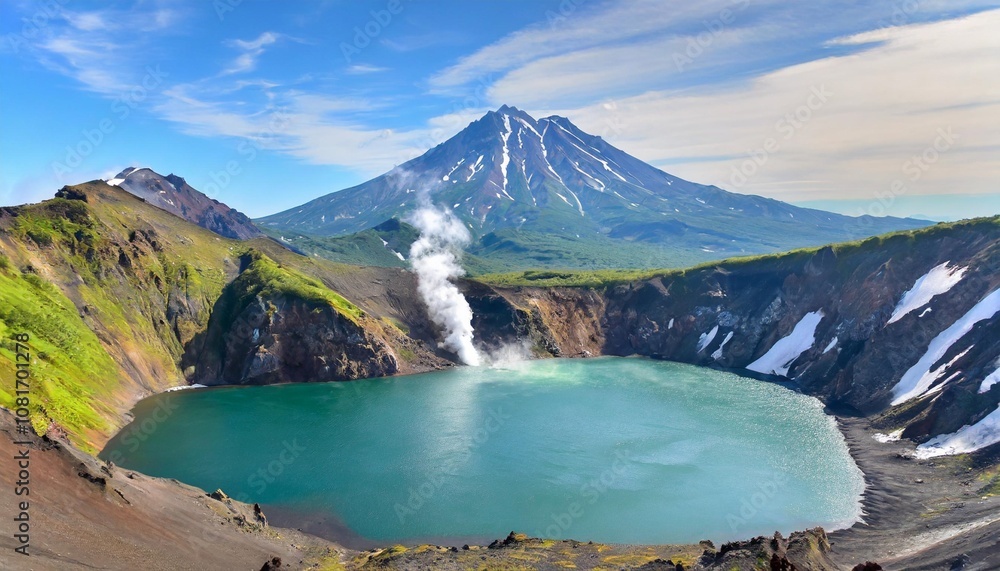 Naklejka premium The Majestic Active Volcanoes and Steaming Crater Lakes of Kamchatka Peninsula, Russia, Set in a Rugged and Remote Wilderness Rich in Untamed Natural Beauty and Adventure