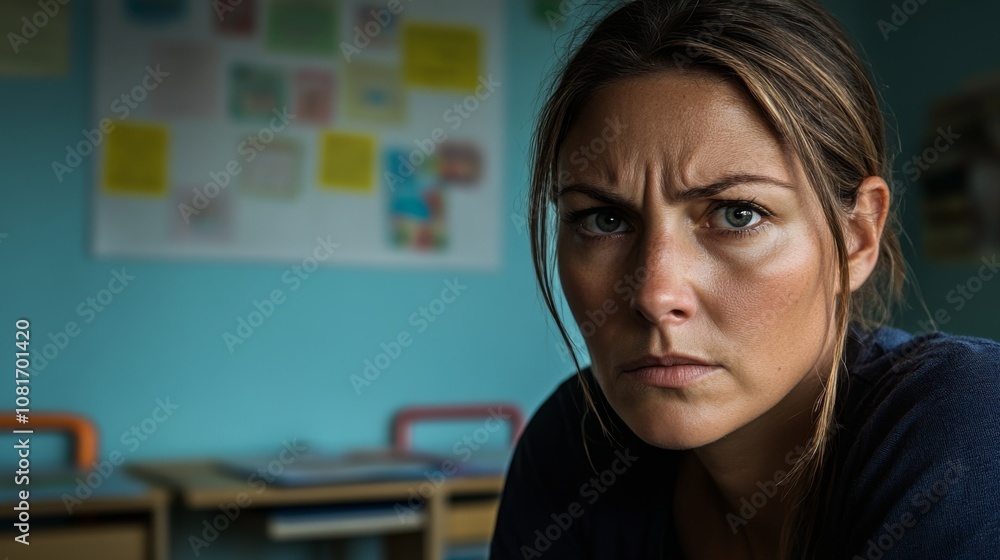 A woman expresses concern and intensity while sitting at a desk in a classroom with colorful background elements, captured during a quiet moment A woman expresses concern and intensity while sitting at a desk in a classroom with colorful background elements, captured during a quiet moment