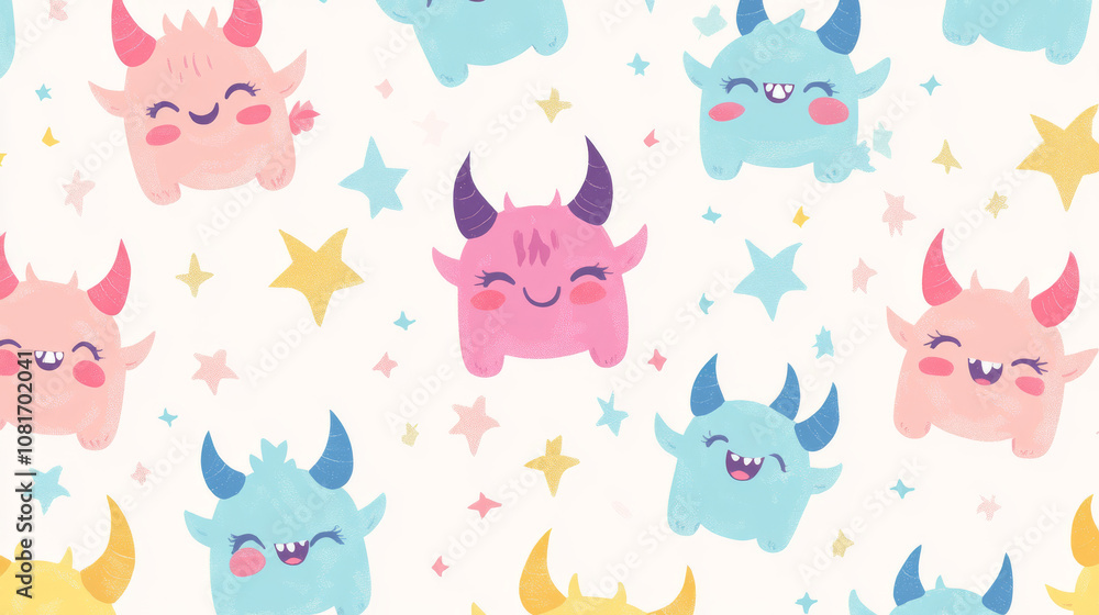A collection of cute cartoon devils with horns and winking eyes. They have bright, pastel colors and are perfect for kids' illustrations or wallpaper. A collection of cute cartoon devils with horns and winking eyes. They have bright, pastel colors and are perfect for kids' illustrations or wallpaper.