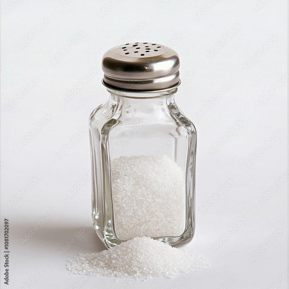 Salt Shaker with Coarse Grains on a Clean White Background, Coarse Salt Spilling from a Shaker on White Backdrop, Minimalist Salt Shaker and Grains Isolated on White. Salt Shaker with Coarse Grains on a Clean White Background, Coarse Salt Spilling from a Shaker on White Backdrop, Minimalist Salt Shaker and Grains Isolated on White.