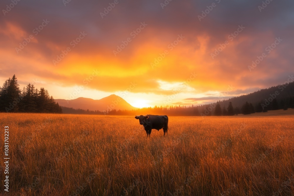 A serene sunset over a golden field with a lone cow standing in the foreground. A serene sunset over a golden field with a lone cow standing in the foreground.