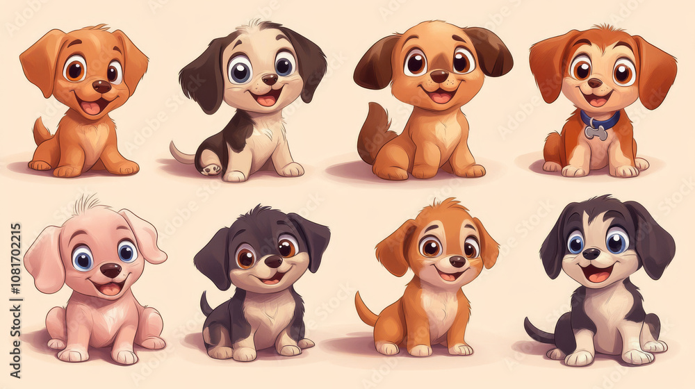 A collection of cute cartoon puppies with big eyes and playful smiles. They are drawn in bright pastel colors and perfect for children's illustrations or wallpapers. A collection of cute cartoon puppies with big eyes and playful smiles. They are drawn in bright pastel colors and perfect for children's illustrations or wallpapers.
