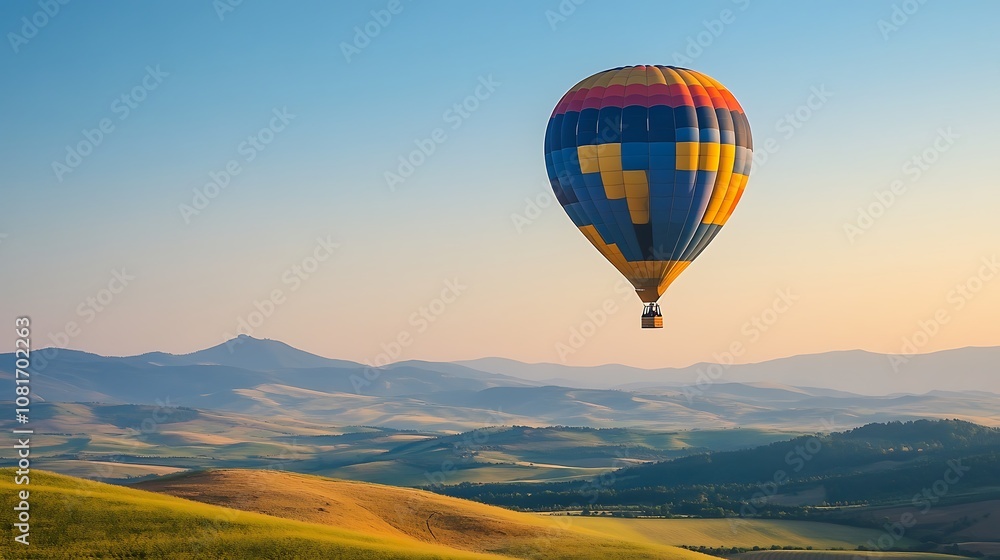 Fototapeta premium A colorful hot air balloon floats serenely over rolling hills and a distant mountain range at sunrise.
