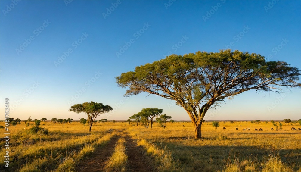 Obraz premium Vast Open Savannah Stretching to the Horizon, With Towering Acacia Trees Dotted Across the Landscape, Beneath a Clear Blue Sky and Gently Grazing Herds in the Distance