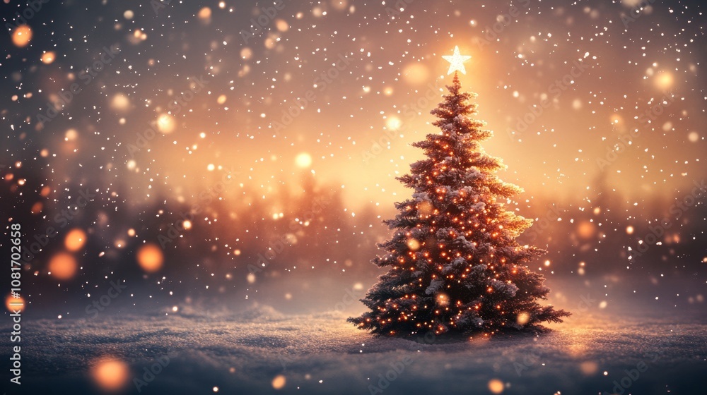 Obraz premium Serene Minimalist Christmas Tree with Stars and Snowflakes on Luxurious Background