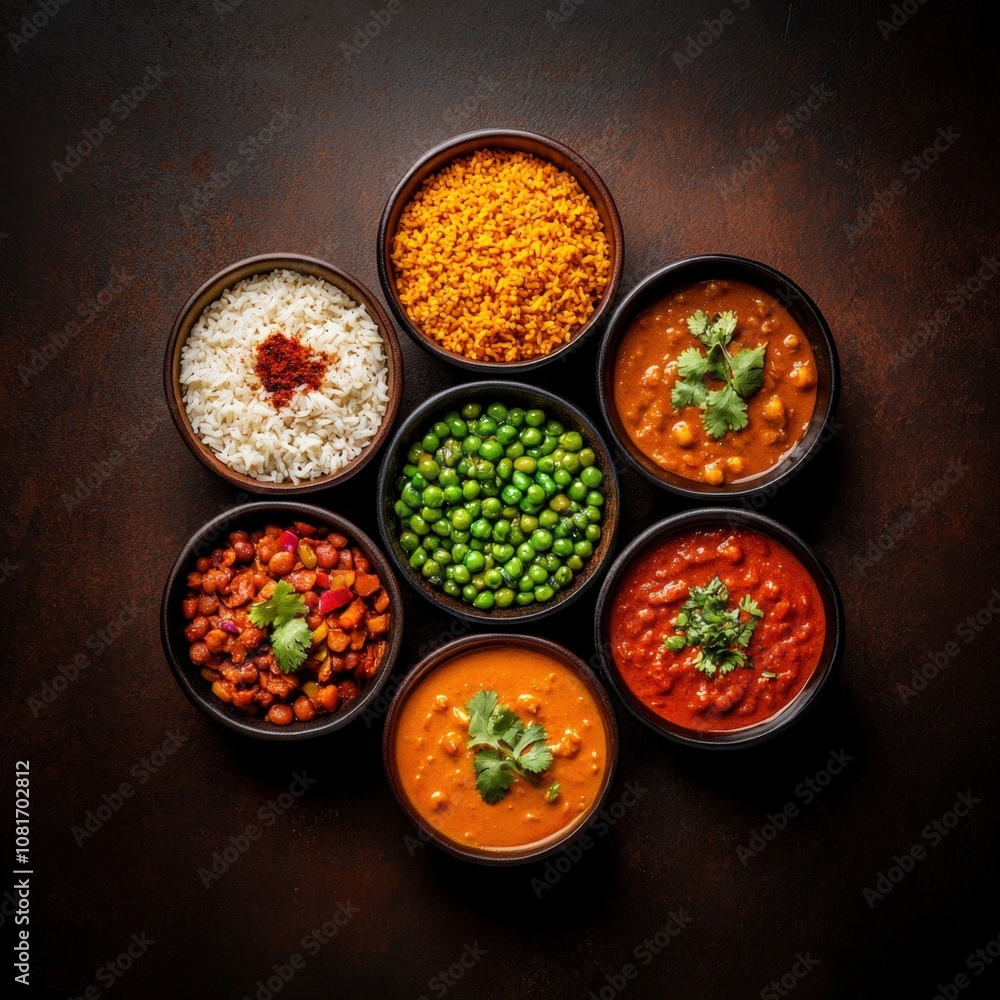 A vibrant assortment of traditional Indian dishes served in bowls. A vibrant assortment of traditional Indian dishes served in bowls.