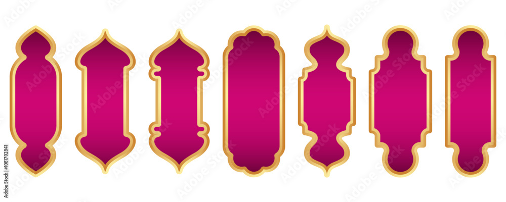 Ramadan golden frame. Islamic window shape. Arabic vector arch. Muslim vintage border for design with pink background. Indian decoration in oriental style.