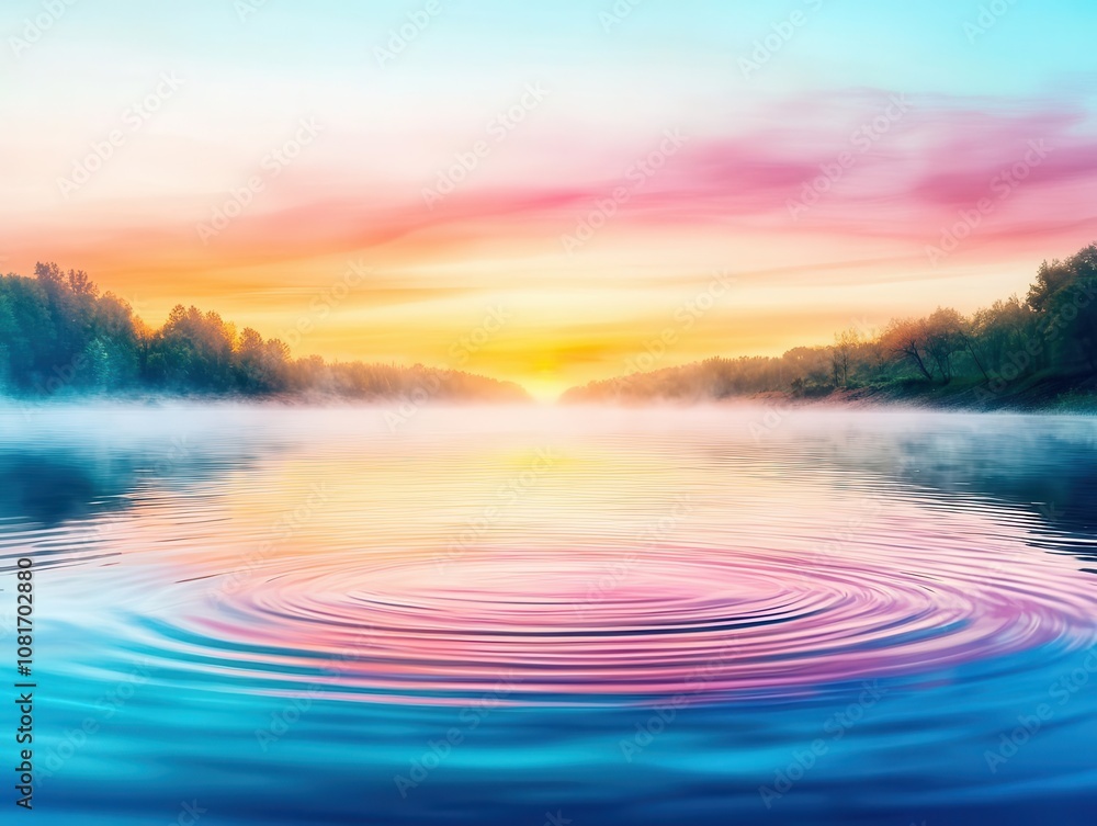 Fototapeta premium Mist rising over a freshwater river at dawn, subtle ripples breaking the surface, serene and tranquil morning atmosphere
