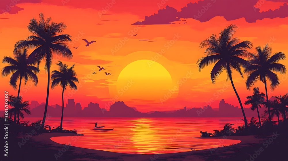 A vibrant sunset casts a warm glow over a tropical beach with palm trees and a lone boat on the water. A vibrant sunset casts a warm glow over a tropical beach with palm trees and a lone boat on the water.