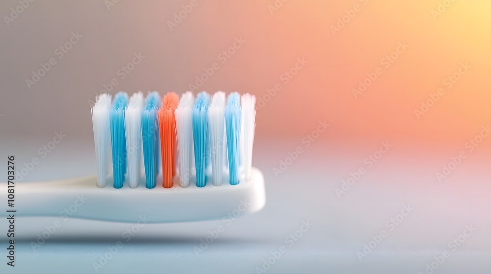 A Detailed Close-up of a Colorful Toothbrush Ready for Daily Oral Hygiene Tasks in Soft Light. Bathroom, Hygiene, Sparkle Concept A Detailed Close-up of a Colorful Toothbrush Ready for Daily Oral Hygiene Tasks in Soft Light. Bathroom, Hygiene, Sparkle Concept