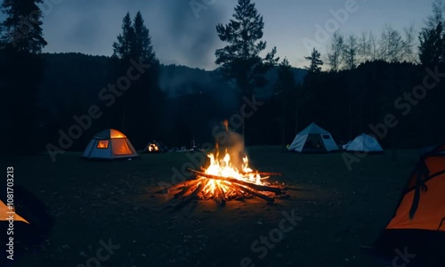 Night camping scene with a tent in a forest near a campfire under a starry sky surrounded by trees and mountains